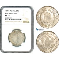 AJ141, Austria, Franz II, 20 Kreuzer 1805­ E, Karlsburg Mint (Transylvania) Silver, NGC MS64 