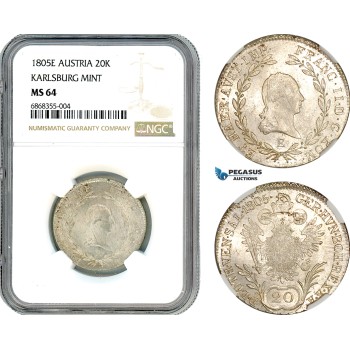 AJ141, Austria, Franz II, 20 Kreuzer 1805­ E, Karlsburg Mint (Transylvania) Silver, NGC MS64
