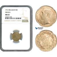 AJ147, Belgium, Albert I, 50 Centimes 1912, Brussels Mint, Silver, French Text, NGC MS63