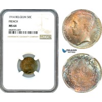 AJ148, Belgium, Albert I, 50 Centimes 1914, Brussels Mint, Silver, French Text, NGC MS64, Top Pop!
