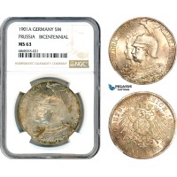 AJ155, Germany, Prussia, Wilhelm II, 5 Mark 1901 A, Berlin Mint, Silver, NGC MS63