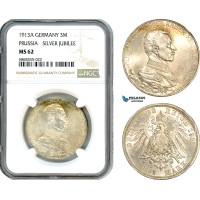 AJ156, Germany, Prussia, Wilhelm II, 3 Mark 1913 A, Berlin Mint, Silver Jubilee, Silver, NGC MS62