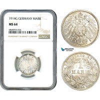 AJ158, Germany, Wilhelm II, 1 Mark 1914 G, Karlsruhe Mint, Silver, NGC MS64
