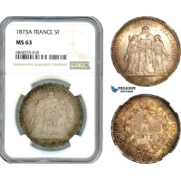 AJ159, France, Third Republic, 5 Francs 1873 A, Paris Mint, Silver, NGC MS63