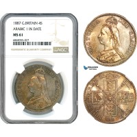 AJ161, Great Britain, Victoria, Double Florin (4 Shillings) 1887 (Jubilee Head) Arabic 1 in Date, London Mint, Silver, NGC MS61