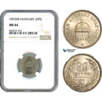 AJ162, Hungary, Franz Joseph, 20 Filler 1893 KB, Kremnitz Mint, NGC MS64