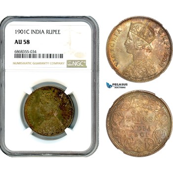 AJ165, India (British) Victoria, 1 Rupee 1901 C, Calcutta Mint, Silver, NGC AU58