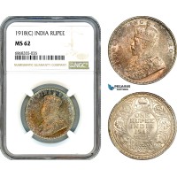 AJ166, India (British) George V, 1 Rupee 1918 C, Calcutta Mint, Silver, NGC MS62