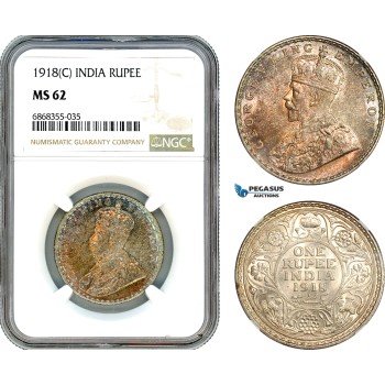 AJ166, India (British) George V, 1 Rupee 1918 C, Calcutta Mint, Silver, NGC MS62