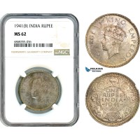 AJ167, India (British) George VI, 1 Rupee 1941 B, Bombay Mint, Silver, NGC MS62