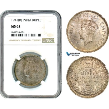 AJ167, India (British) George VI, 1 Rupee 1941 B, Bombay Mint, Silver, NGC MS62