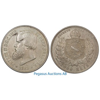 B02, Brazil, Pedro II, 2000 Reis 1889, Silver Crown, Nice!