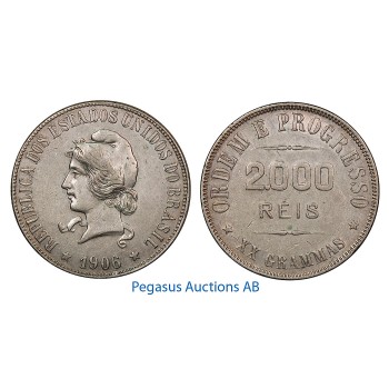B03, Brazil, 2000 Reis 1906, Silver, Nice!