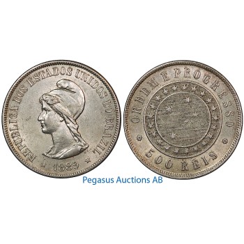 B05, Brazil, 500 Reis 1889, Silver, High Grade!