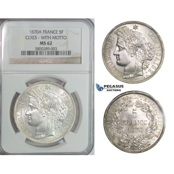 B07, France, 3rd Republic, 5 Francs 1870-A, Silver, CERES With Motto, NGC MS62