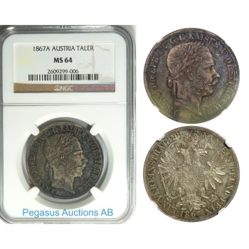 B40, Austria, Franz Joseph, Taler 1867-A, Vienna, Silver, NGC MS64