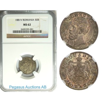 B41, Romania, Carol I, 50 Bani 1881, NGC MS62, RARE with Very Dark Toning!