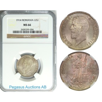 B45, Romania, Carol I, 1 Leu 1914, NGC MS66, Frosty!