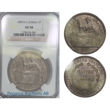 B51, French Indo-China (Vietnam), Piastre 1897-A, Silver, NGC AU58