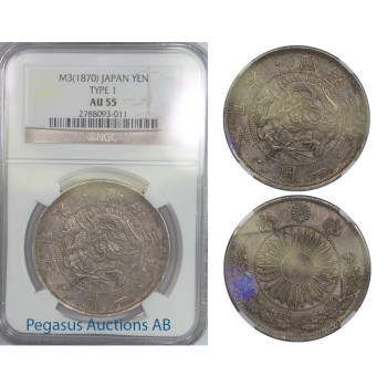 B54, Japan, Meiji, Yen, Year 3 (1870) Type 1, Silver, NGC AU55