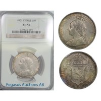 B56, Cyprus, Victoria, 18 Piastres 1901, Silver, NGC AU55, Rare Grade!
