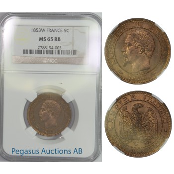 B57, France, Napoleon III, 5 Centimes 1853-W, NGC MS65RB, Pop 1