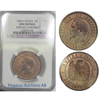 B58, France, Napoleon III, 10 Centimes 1856-A, NGC UNC.