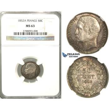 B60, France, Napoleon III, 50 Centimes 1852-A, Silver, NGC MS63