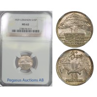 B64, Lebanon, 10 Piastres 1929, Silver, NGC MS62