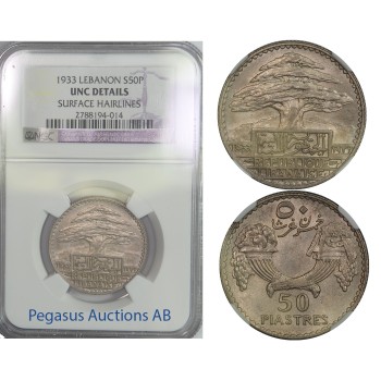 B65, Lebanon, 50 Piastres 1933, Silver, NGC UNC Details.