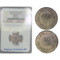 B70, Romania, Carol I, 50 Bani 1873, Brussels, Silver, NGC MS62