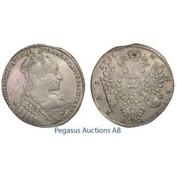 C07, Russia, Anna, Rouble 1734, Moscow, Silver (25.56g) Removed Mount! Bitkin 94 (R1)