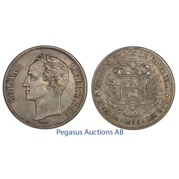 C21, Venezuela, 5 Bolivares 1936, Silver, Very nice with a great toning!