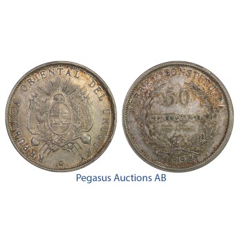 C22, Uruguay, 50 Centesimos 1894, Silver, Attractive coin with a nice toning!