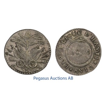 C25, Haiti Western Republic, 25 Centimes AN 12 (1815) Silver, Very Nice!