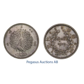 C33, Myanmar (Burma) Kyat (Rupee) CS1214/1852, Silver, Toned High Grade!