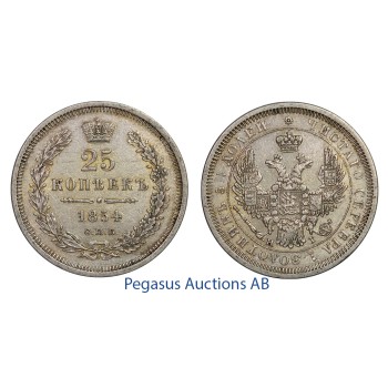 C60, Russia, Nicholas I, 25 Kopeks 1854/СПБ-HI, St. Petersburg, Silver, High Grade