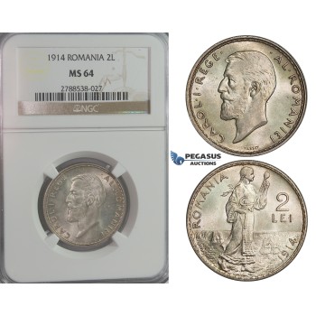 C96, Romania, Carol I, 2 Lei 1914, Silver, NGC MS64