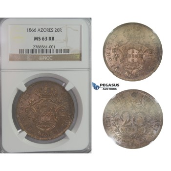 C98, Portugal, Azores, 20 Reis 1866, NGC MS63RB