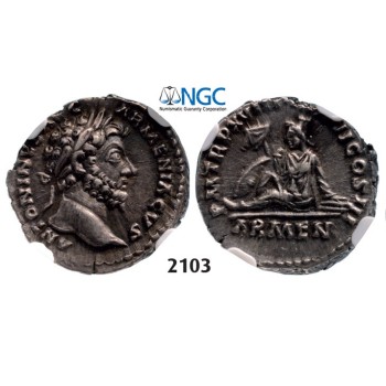 Lot: 2103. Roman Empire, Marcus Aurelius, 161-­180 AD, Denarius (Struck 164 AD) Rome, Silver (3.40g), NGC Ch XF