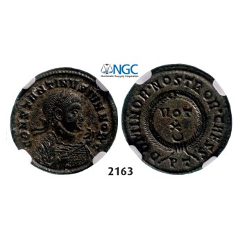 Lot: 2163. Roman Empire, Constantine II as Caesar, 337-­361 AD, Æ3 (Nummus) (Struck 337­-338 AD) Ticinum, Billon (2.55g), NGC AU