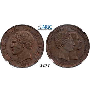 Lot: 2277. Belgium, Kingdom, Leopold I, 1831-­1865, 10 Centimes 1853, Copper. Royal wedding, NGC MS61BN