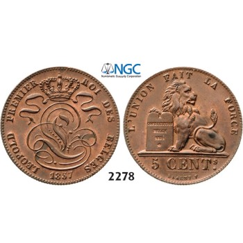 Lot: 2278. Belgium, Kingdom, Leopold I, 1831-­1865, 5 Centimes 1857, Copper, NGC MS63RB