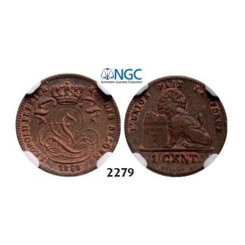 Lot: 2279. Belgium, Kingdom, Leopold I, 1831-­1865, Centime 1858, Copper, NGC AU58BN