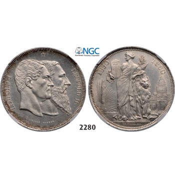 Lot: 2280. Belgium, Kingdom, Leopold II, 1865-­1909, 5 Francs 1880, Brussels, Silver (25.00g) “Independence”, NGC MS62