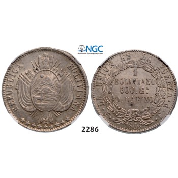 Lot: 2286. Bolivia, Republic, 1825-, Boliviano 1866­-PTS FP, Potosi, Silver, NGC AU58