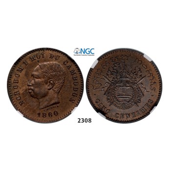 Lot: 2308. Cambodia, Norodom I, 1859-­1904, 5 Centimes 1860 (Dated) Bronze, NGC MS64BN