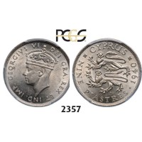 Lot: 2357. Cyprus, George VI, 1936-­1952, 9 Piastres 1940, London, Silver, PCGS MS62