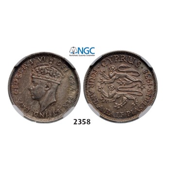 Lot: 2358. Cyprus, George VI, 1936-­1952, 4.5 Piastres 1938, London, Silver, NGC AU58