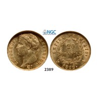 Lot: 2389. France, Napoleon I as Emperor, 1804-­1814, 20 Francs 1812­-A, Paris, GOLD, NGC MS62
